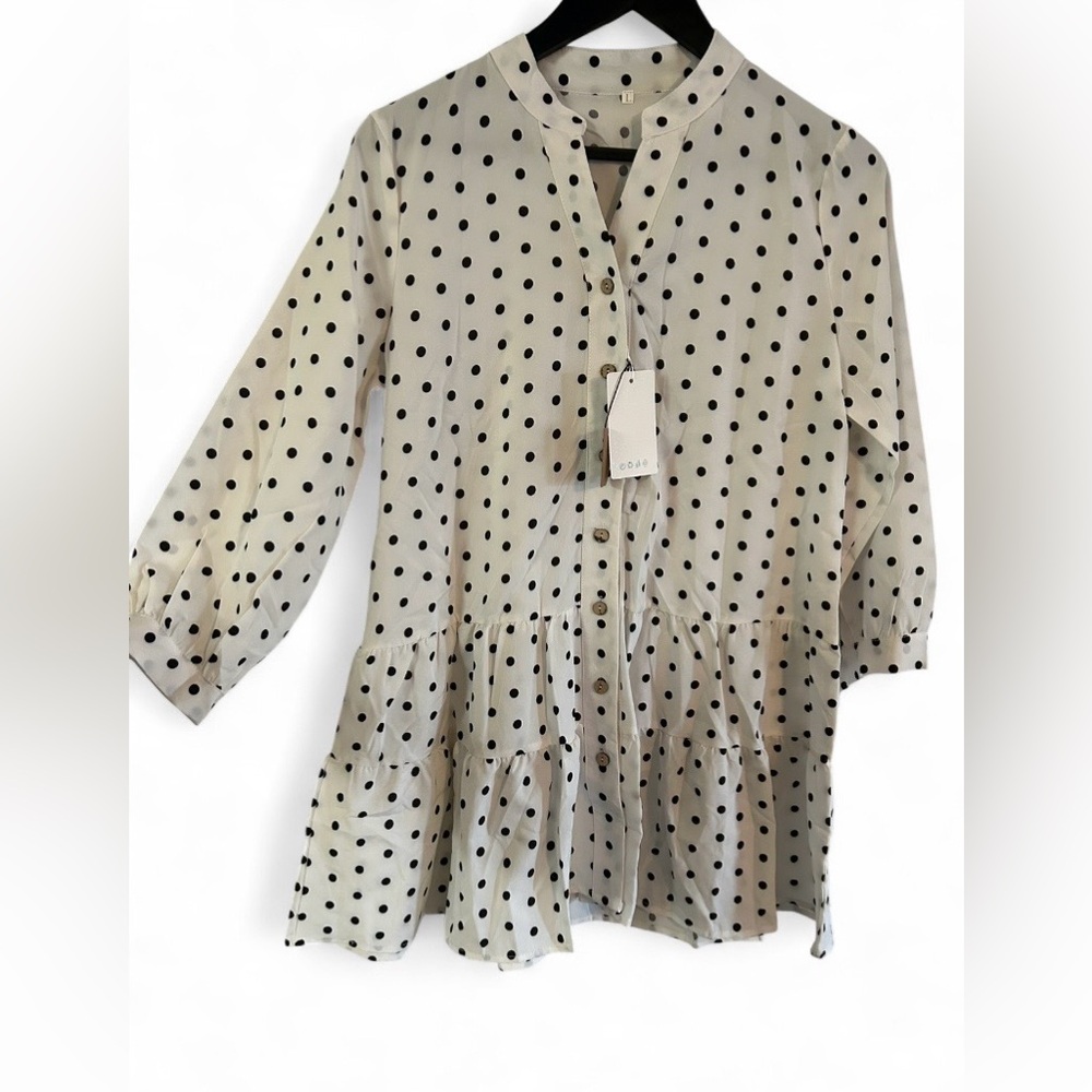 Polka Dot Tiered Babydoll Blouse Black & White Button Front - NWT